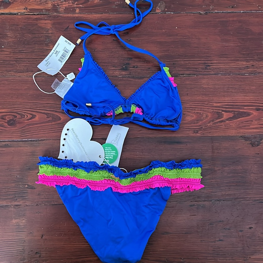 Adorable Blue with Green and Pink Ruffles Bikini Gold Hardware NWT S - Picture 7 of 12